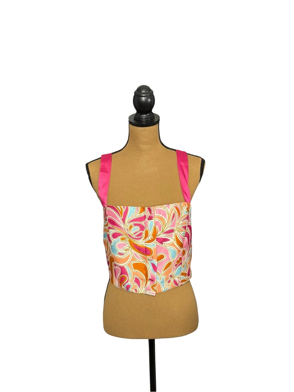 Zara Woman Satin Crop Tank Top L Pink Abstract Paisley Button Front Y2K Retro